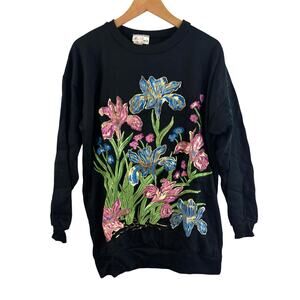 Vtg 90s Black Hand-Painted Iris Floral Sweatshirt Gold Paint Grandma Core M USA